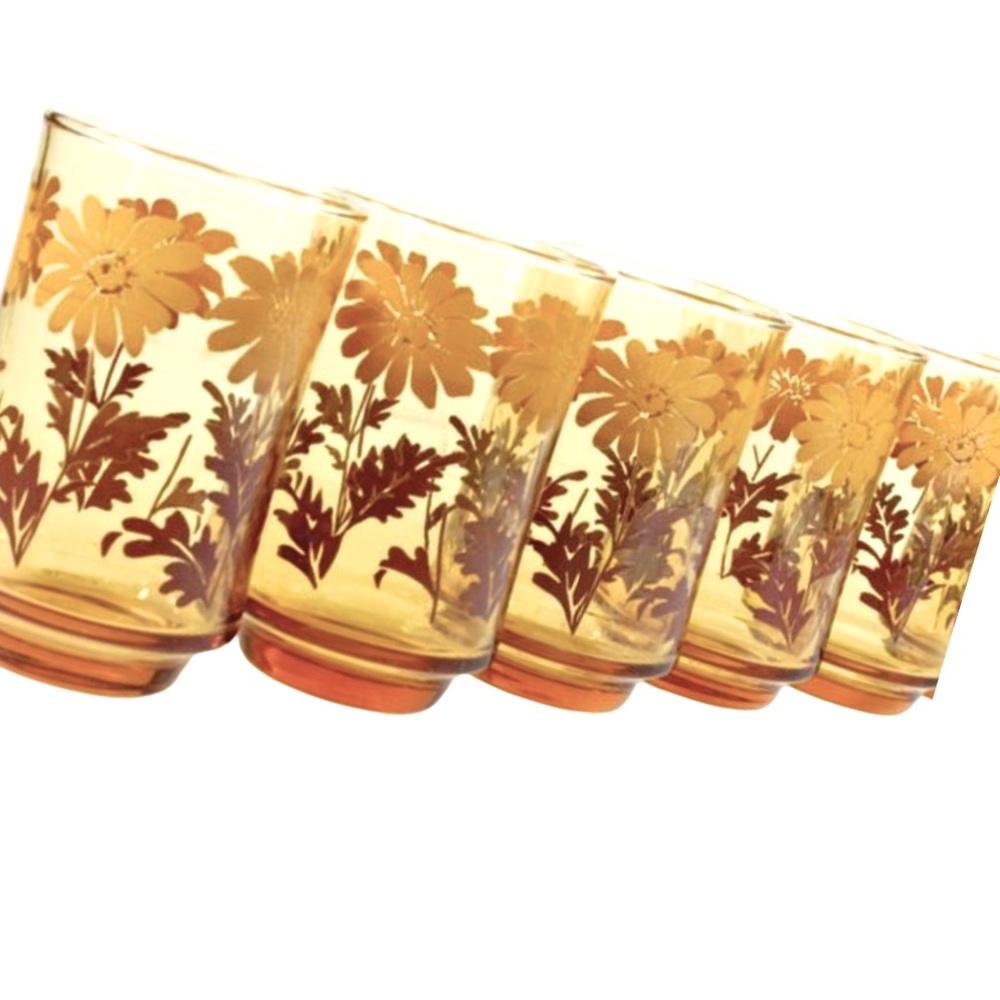 VINTAGE MCM 70’s LIBBEY JUICE GLASSES HTF RARE Set/5 Marked Ombré Gold Daisy’s
